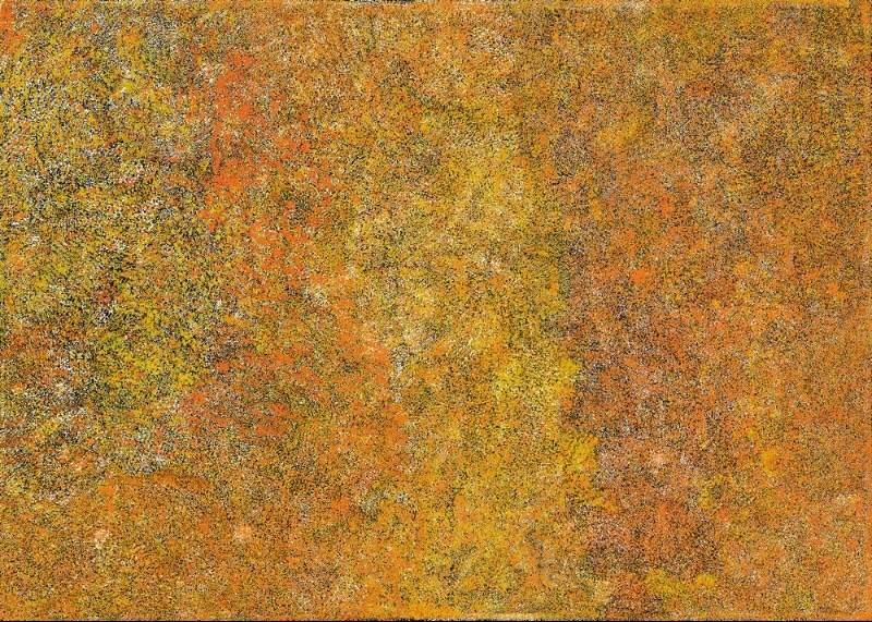 Bush Plum painting by Angelina Pwerle, densely covered with countless tiny marks in orange, yellow, ochre, white and dark tones forming shifting areas across the canvas.