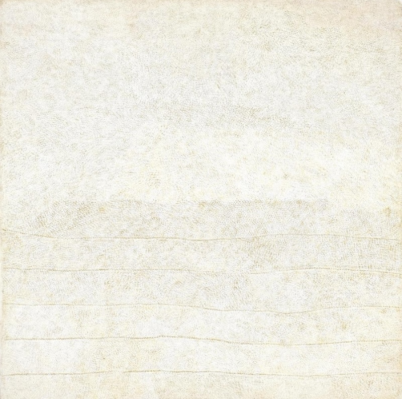 Kathleen Petyarre’s Atnangkere, 2001, with delicate pale dotting and faint parallel lines across an almost white ground.