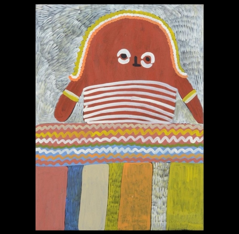 Figurative painting by Angelina Pwerle showing a large red female figure with white body-paint lines behind bands of colourful wavy patterns.