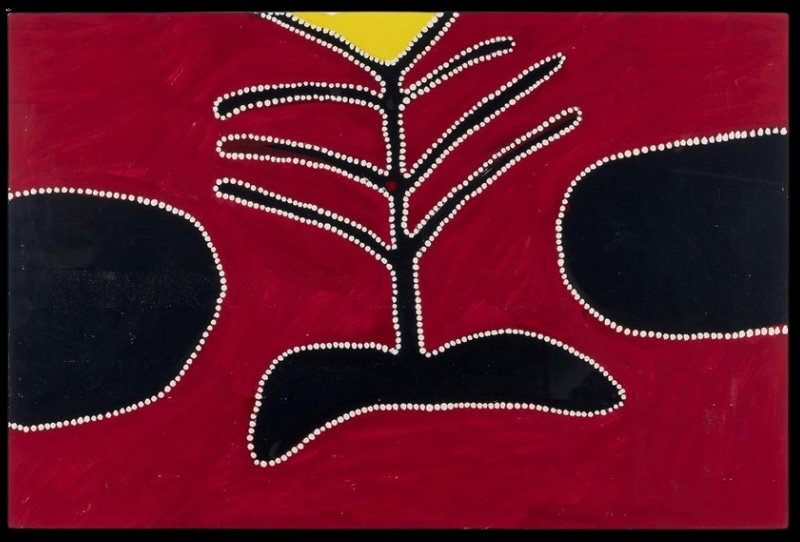 Rammey Ramsey painting on a deep crimson-red ground with a central branching black form outlined by rows of white dots. Large rounded black shapes enter from both sides, while a yellow triangular area appears at the upper edge.