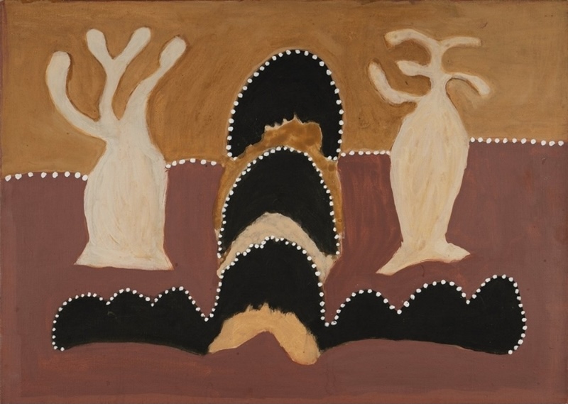 Hector Jandany Aboriginal ochre painting showing layered black and brown hills outlined with white dots between two large pale boab trees on an ochre ground.