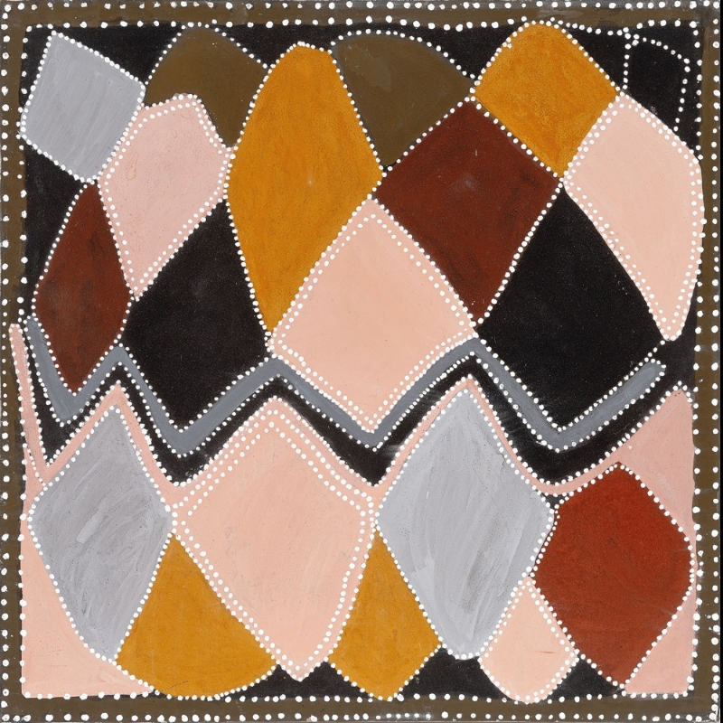 Queenie McKenzie ochre painting of Argyle Diamond Mine, with interlocking black, pink, grey, yellow and red landforms outlined in white dots.