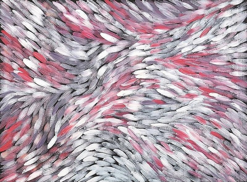 Painting by Gloria Petyarre filled with broad white, pink, grey and red leaf-like brushstrokes sweeping in dense, overlapping currents across the canvas.