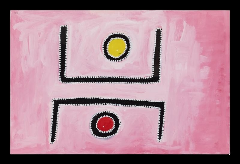Rammey Ramsey painting on a pale pink ground with two opposing black U-shaped forms outlined by rows of white dots. A yellow-centred circle sits within the upper form and a red-centred circle within the lower form.