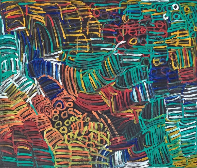 Minnie Pwerle painting densely filled with overlapping striped forms and small circular marks in turquoise, blue, red, orange, yellow, white and green against a dark ground.