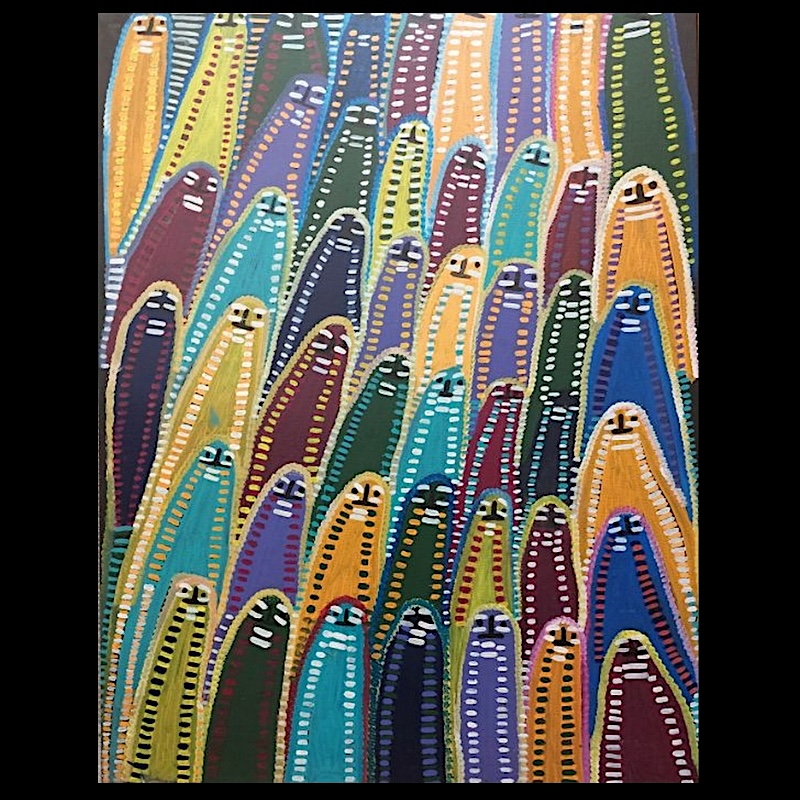 Ancestral Spirits painting by Angelina Pwerle showing many elongated human-like figures in yellow, blue, green, purple, red and orange, closely arranged across the canvas and decorated with rows of painted marks.