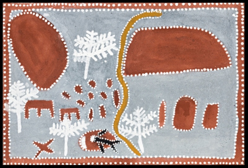 Queenie McKenzie ochre painting showing a fallen figure, trees, cattle, hills and a winding yellow track across a blue-grey landscape