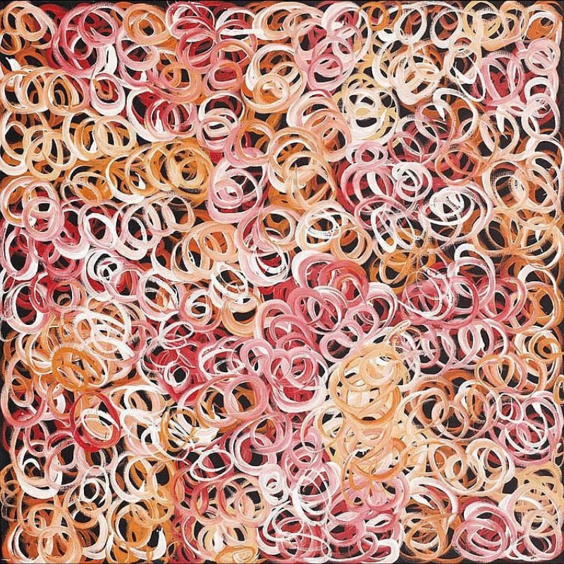Gloria Petyarre painting of overlapping white, pink, red and orange looping brushstrokes densely covering a dark ground.