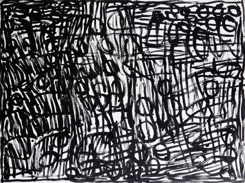 Minnie Pwerle painting of dense black lines forming overlapping loops, stripes, grids and elongated shapes across a white background.