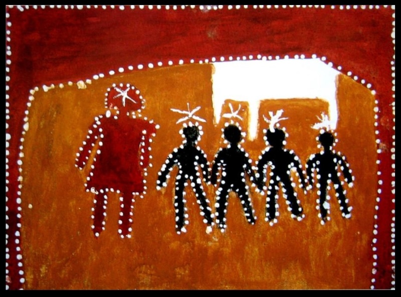 Queenie McKenzie ochre painting showing a large red figure teaching four smaller black figures beneath a white cross-like form.