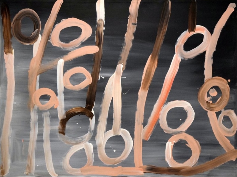 Minnie Pwerle painting of widely spaced pink, white, brown and orange lines and irregular circular forms sweeping vertically across a dark grey-black background.