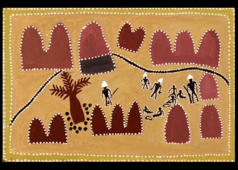 Queenie McKenzie ochre painting showing armed figures, fallen people, a tree, track and red hills representing the Horso Creek killings.