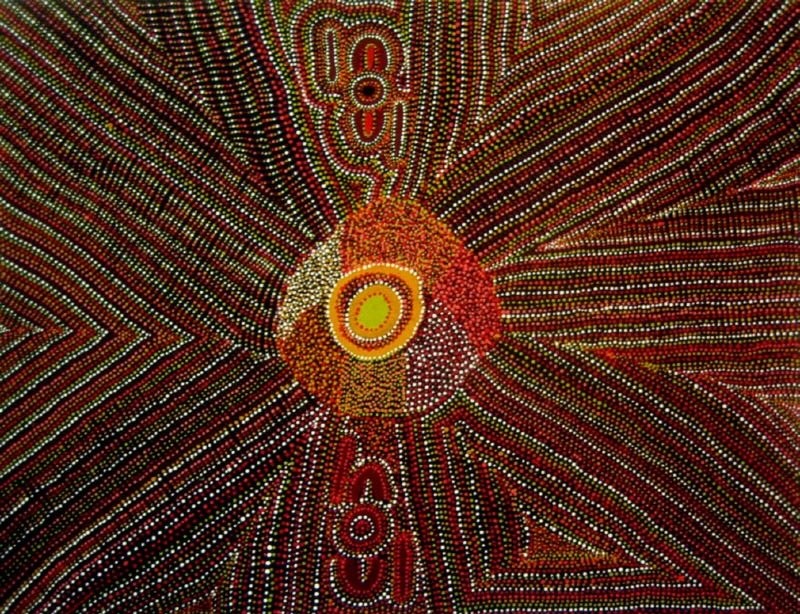 Kathleen Petyarre’s Untitled, 1990, with a central circular form surrounded by radiating bands of multicoloured dots and U-shaped motifs