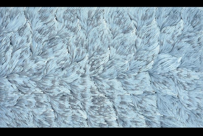 Gloria Petyarre painting of pale blue and white leaf-shaped brushstrokes flowing in layered, sweeping patterns across the canvas.