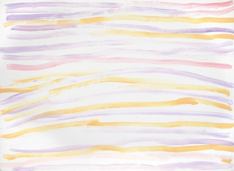 Minnie Pwerle painting of widely spaced, gently wavering horizontal lines in pale pink, lilac and yellow ochre across a predominantly white ground.