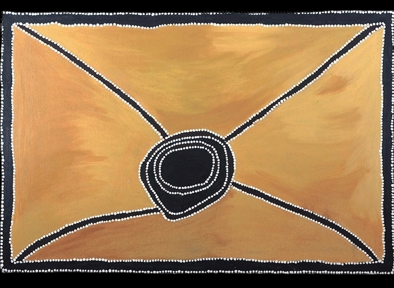Rover Thomas painting in golden yellow, ochre, black and white. A black irregular oval sits near the centre, surrounded by several concentric rows of white dots. Four broad black lines radiate from the central form towards the corners, dividing the golden ochre ground into large sections. White dots outline the black lines and frame the entire painting.