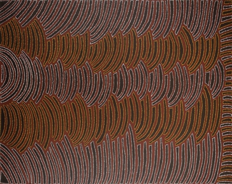 Painting by Gloria Petyarre filled with interlocking curved bands of fine white and ochre dots forming rhythmic wave-like patterns on a dark red ground.