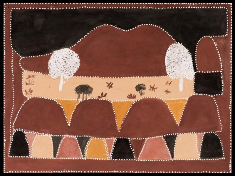 Queenie McKenzie ochre landscape showing sacred hills, white gum trees, bushes and grass, with layered red, pink, yellow and black ridges.