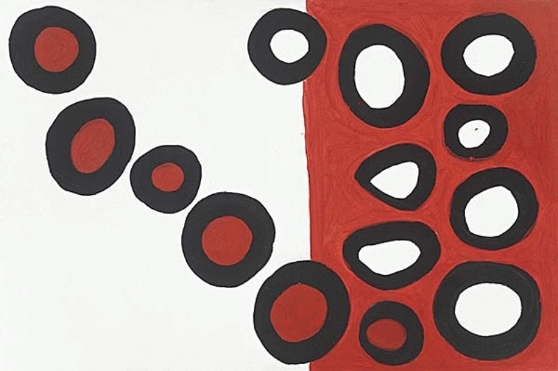 Jack Dale Mengenen painting of Djalala proof stones as bold black, red and white circular forms arranged across the canvas.