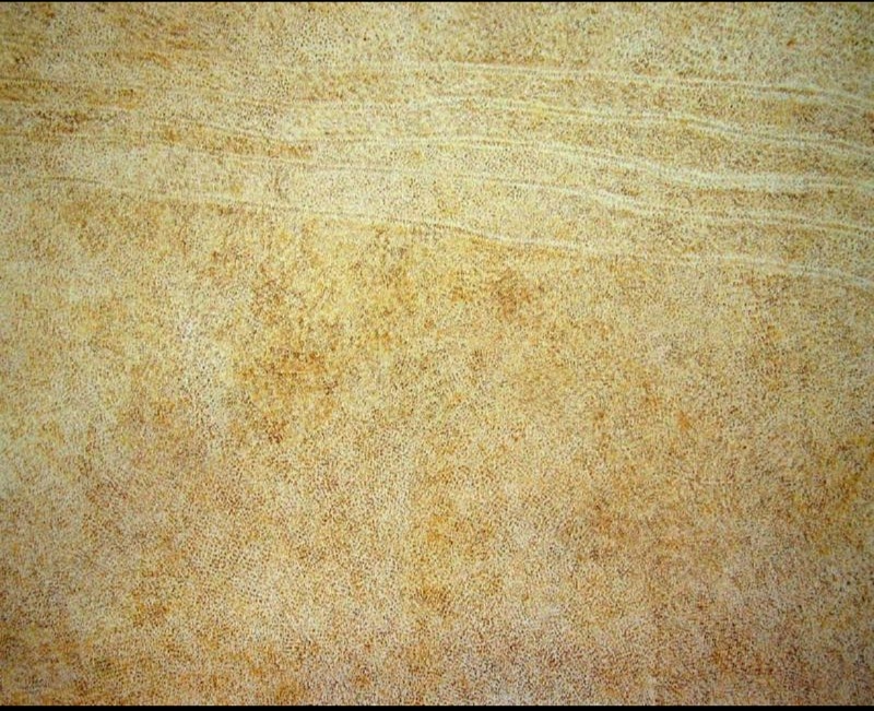 Kathleen Petyarre’s My Country / Hailstorm (Bush Seeds), 1998, with dense pale ochre and white dotting and subtle horizontal bands.