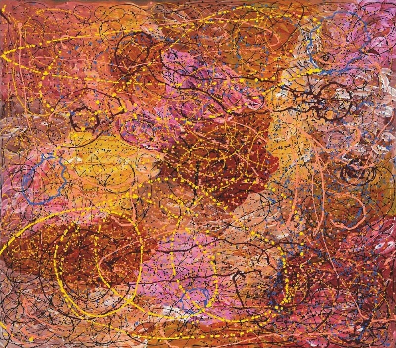 Large painting by Gloria Petyarre with overlapping pink, ochre, yellow and brown fields covered by looping lines, splashes and scattered dots.
