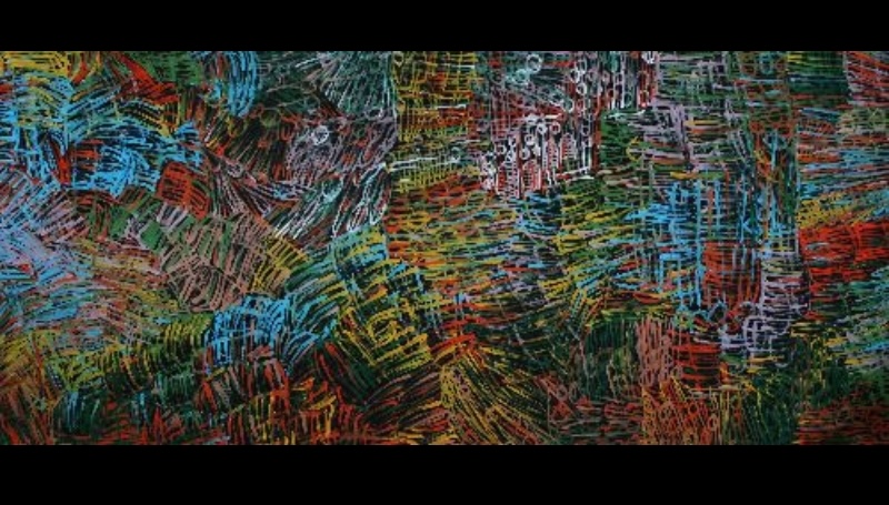 Large Minnie Pwerle painting filled with dense overlapping curved and striped marks in blue, green, red, yellow, pink and white against a dark background.