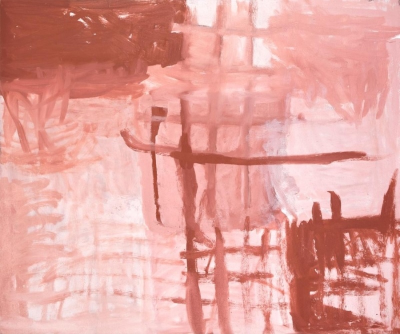 Rammey Ramsey painting composed of freely brushed and overlapping fields of pale pink, white, red and brown. Loose horizontal and vertical marks intersect across the canvas, with darker red-brown strokes concentrated toward the upper left and lower right.