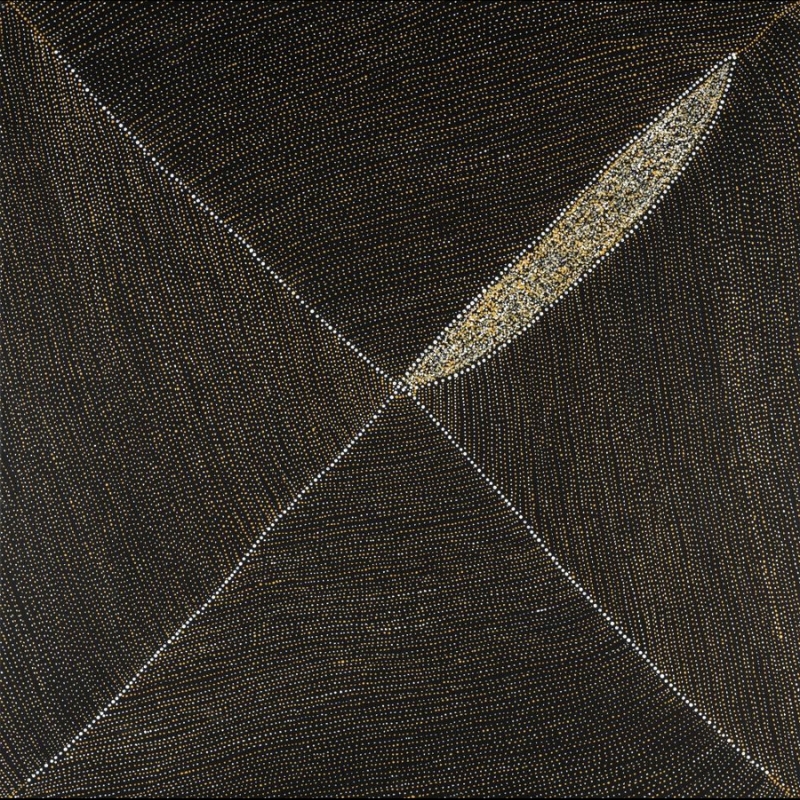 Kathleen Petyarre’s Mountain Devil Lizard, 2008, with precise fields of fine dots converging around an elongated ochre and white form.