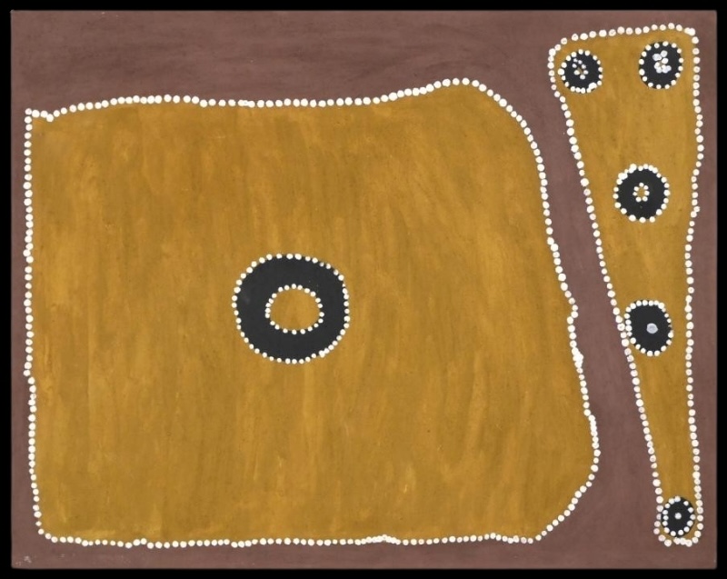 Rover Thomas Wahrooroo (Milky Way), 1996, ochre on canvas, with circular forms arranged within yellow ochre fields against a brown ground.
