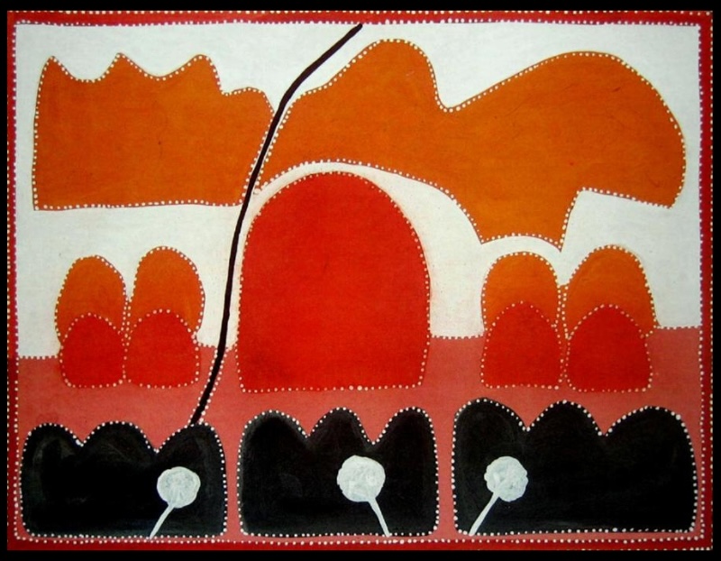 Queenie McKenzie ochre landscape of Old Texas Station with red and orange hills, black ridges, white trees and a winding black creek.