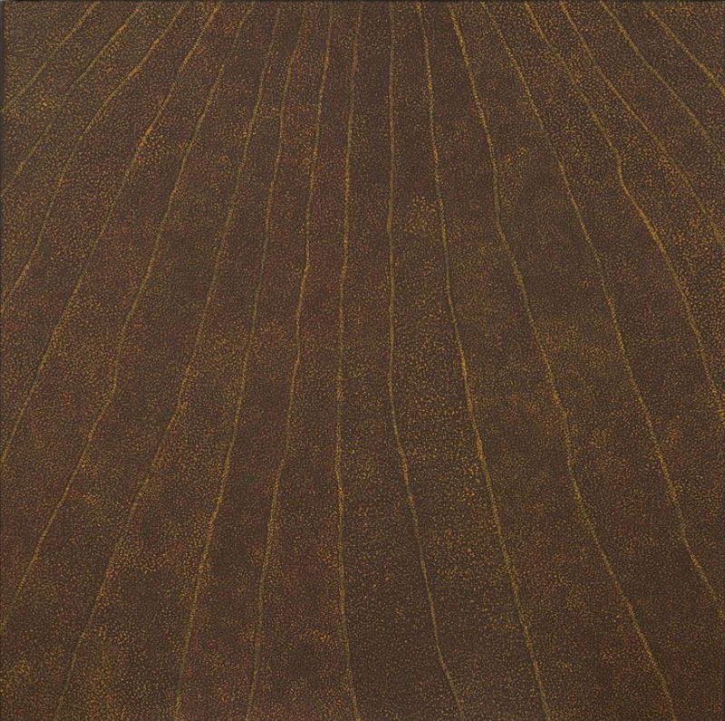 Kathleen Petyarre’s Sandhills at Atnangkere Country, 1999, with long parallel ochre lines extending through dense fields of fine dots.