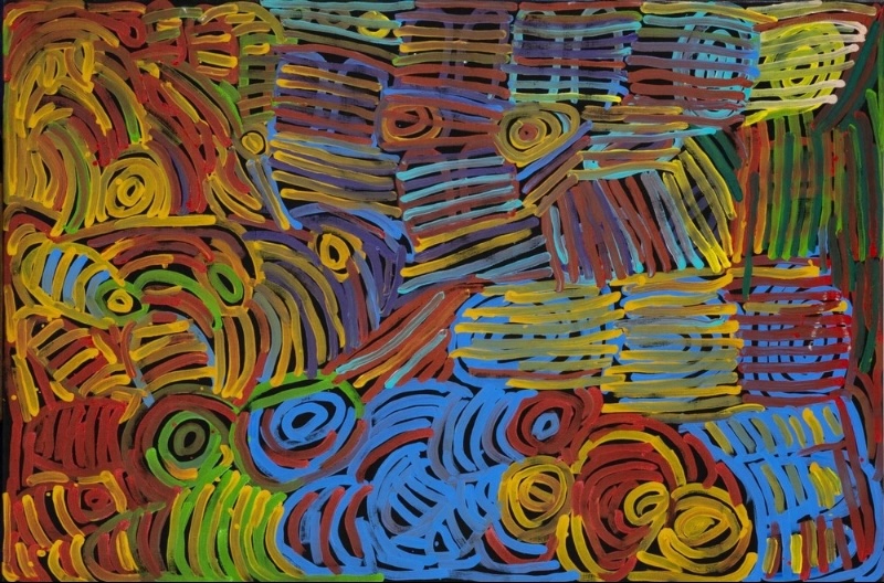 Minnie Pwerle painting filled with brightly coloured curved and striped forms in blue, yellow, green, red, purple and ochre, with numerous concentric circular shapes.