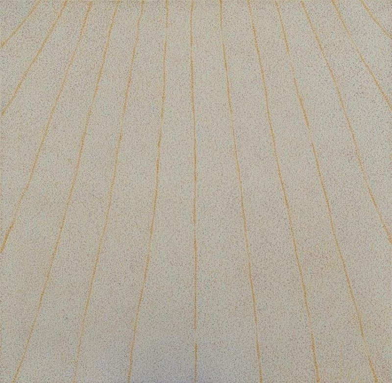 Kathleen Petyarre’s Mountain Devil Lizard Country – Sand Hills (Hailstorm), 2000, with long parallel ochre lines over a finely dotted pale ground.