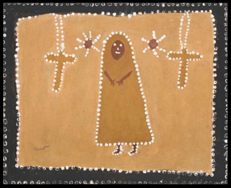 Queenie McKenzie ochre painting showing a central female figure between two cross-like forms and two star shapes, outlined with white dots.