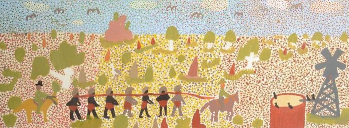 Ada Bird Petyarre painting depicting Aboriginal people being arrested and chained by police for cattle rustling to obtain food, an event identified as occurring around 1903.