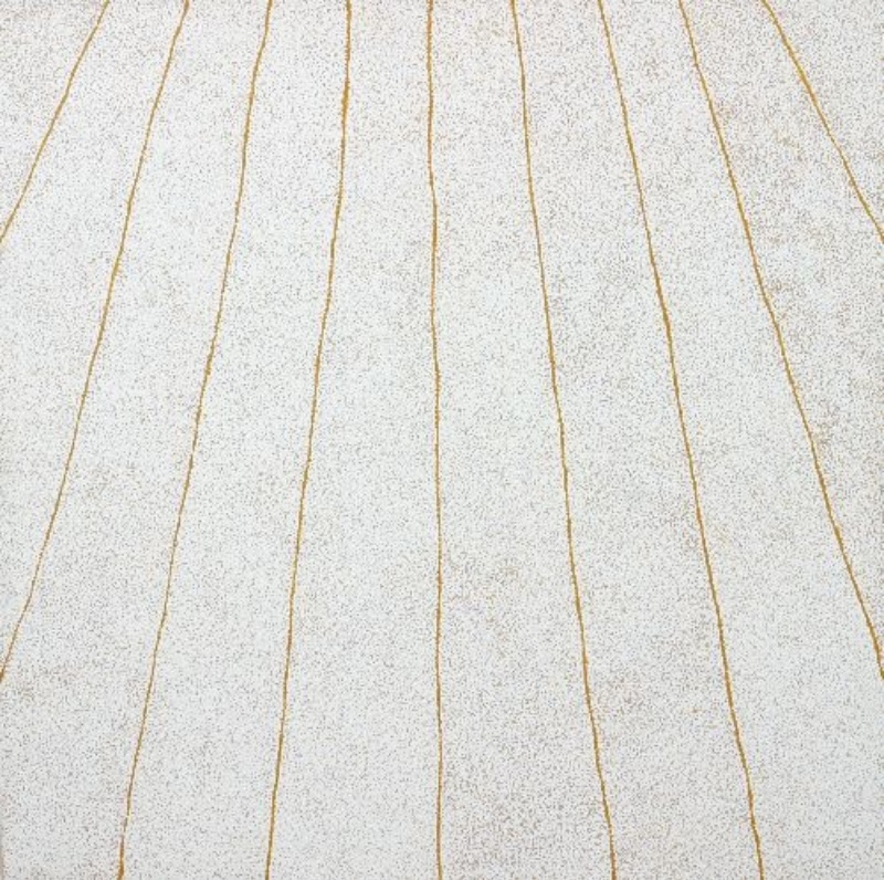 Kathleen Petyarre’s Sandhill Country (After Hailstorm), 2002, with long parallel ochre lines across a finely dotted near-white ground.
