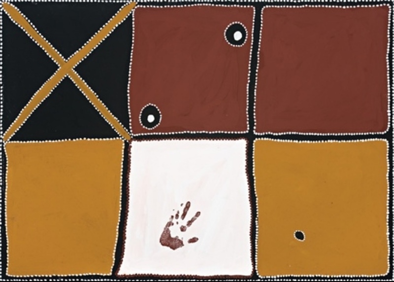Rover Thomas Places I’ve Been, 1996, natural earth pigments on canvas, divided into six ochre fields with circles, crossing lines and a handprint.