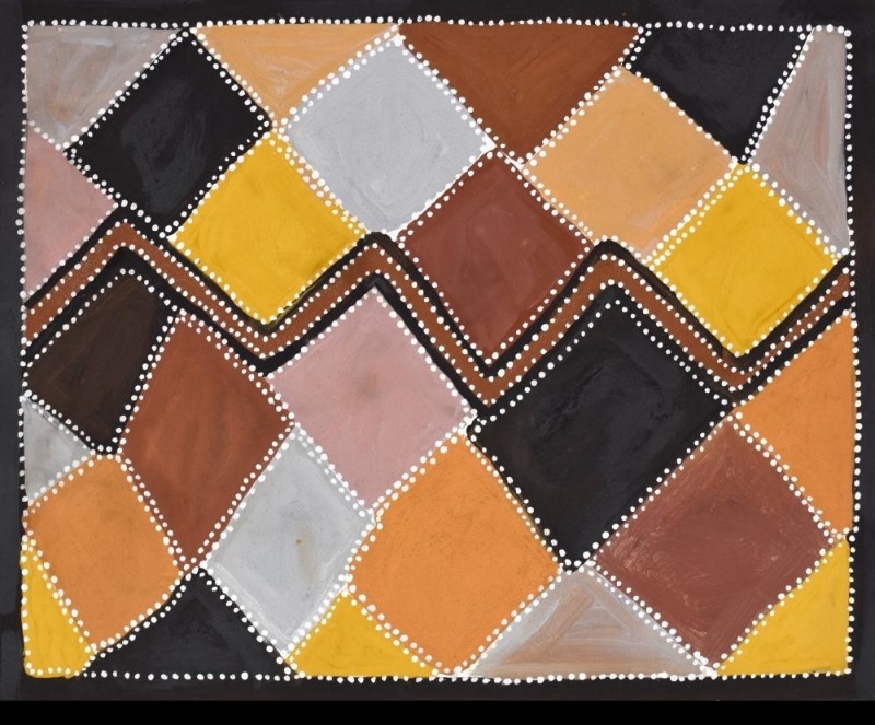 Queenie McKenzie ochre painting of the Carboyd Ranges as interlocking diamond-shaped hills in yellow, pink, red, grey and black.