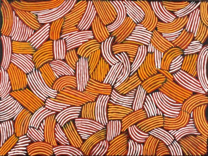 Painting by Gloria Petyarre filled with overlapping curved blocks containing parallel white, orange, yellow and red lines against a dark ground.