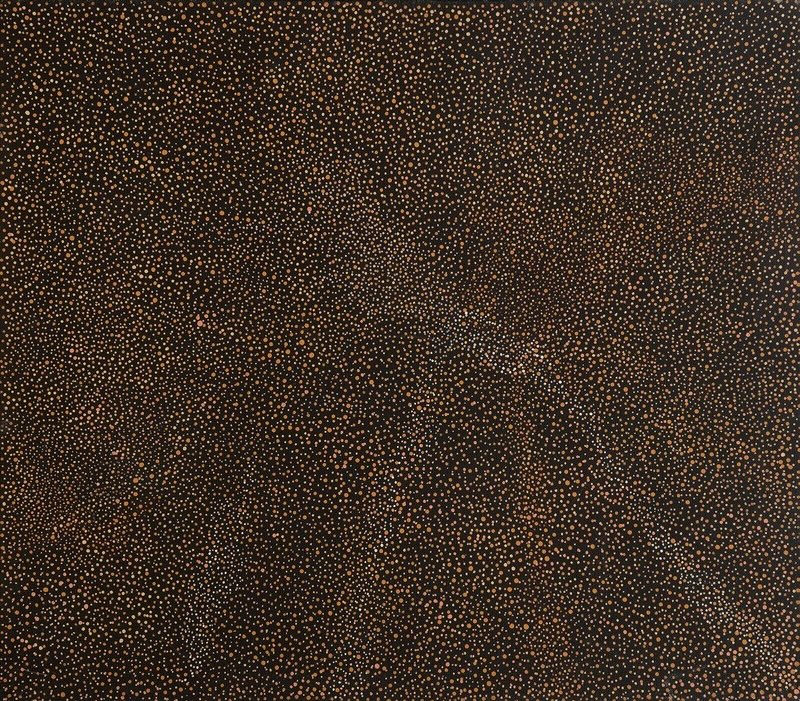Painting by Gloria Petyarre covered with thousands of tiny white, yellow, pink and ochre dots scattered densely across a dark brown ground.