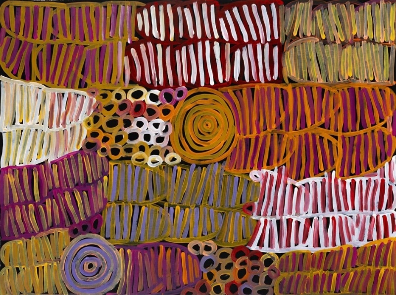 Minnie Pwerle Awelye Atnwengerrp painting with striped body-paint forms, concentric circles and small rounded marks in vivid colours.