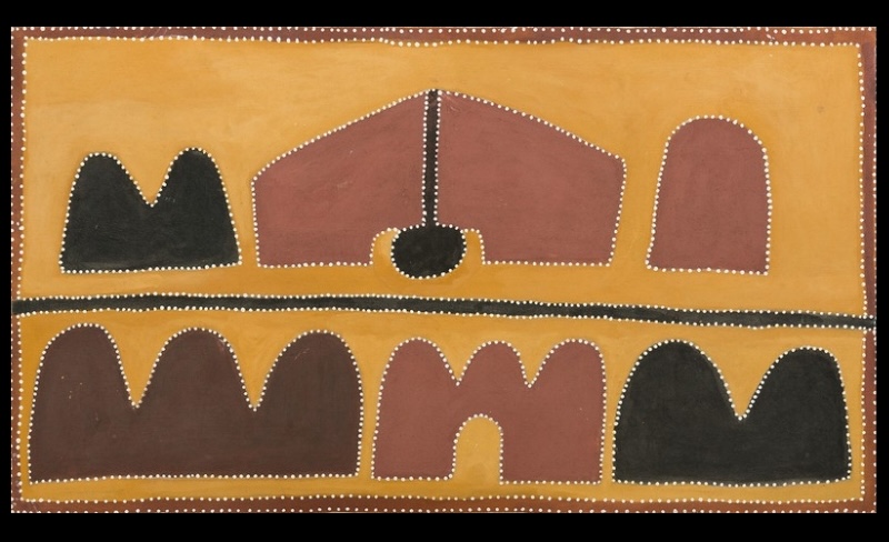 Queenie McKenzie ochre landscape with stylised brown and black hills divided by a horizontal track on a golden yellow ground.