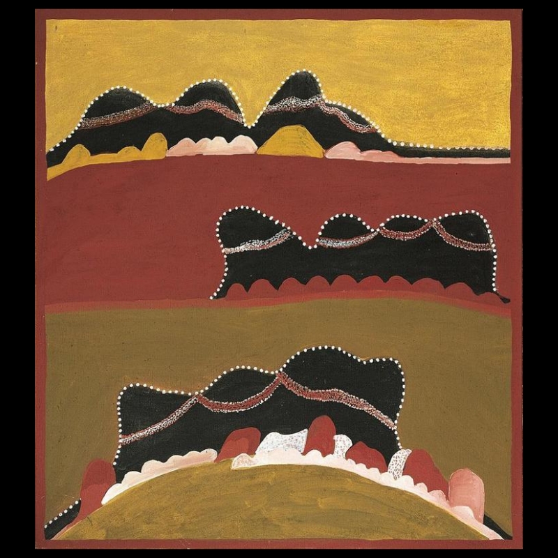 Hector Jandany Aboriginal ochre painting showing three layered groups of black hills outlined with white dots and crossed by red dotted tracks, set within broad fields of yellow, red and olive ochre.