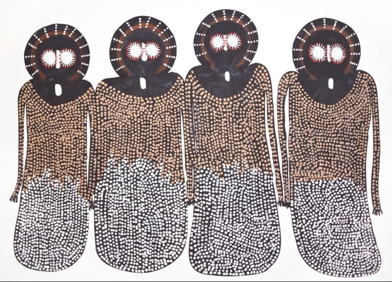 Jack Dale Mengenen painting of four tall Wandjina with large white circular eyes, dark haloed faces and elongated bodies divided into brown and densely dotted white fields.