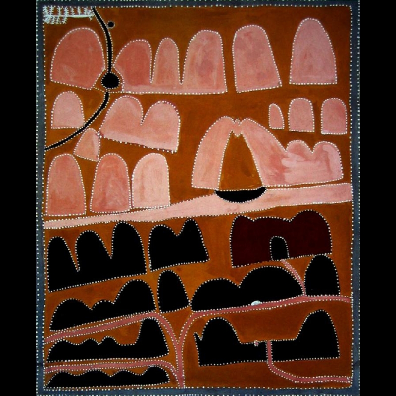 Queenie McKenzie ochre landscape mapping Texas Downs Country with pink and black hills, rockholes, caves and branching creeks on a brown ground.