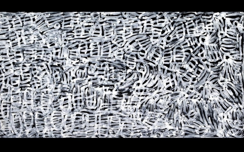Minnie Pwerle painting densely covered with overlapping white and grey curved lines, striped shapes and small circular forms against a black background.