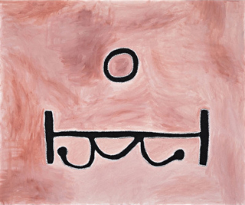 Rammey Ramsey painting with a softly brushed pale pink and red ground. A black horizontal line crosses the lower centre with three curved forms hanging beneath it, while a single black-ringed circle floats above.