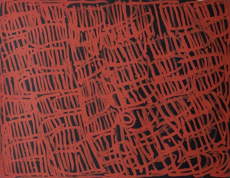 Minnie Pwerle painting of dense red-orange lines forming overlapping grids, curved shapes and parallel stripes across a black background.