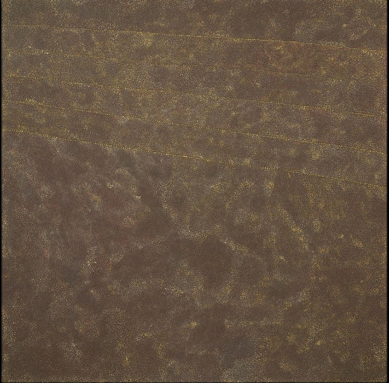 Kathleen Petyarre’s Untitled, 2004, with dense golden-ochre fine dotting and parallel lines across a dark brown ground.
