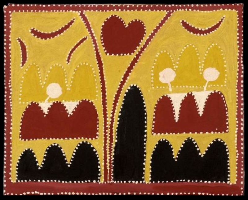 Queenie McKenzie ochre landscape with layered red and black hills, white trees and a central black hill divided by a winding red track.